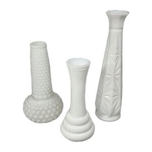 LOT of 3 VINTAGE White Milk Glass Bud Vases Hobnail Stars Wedding Decor